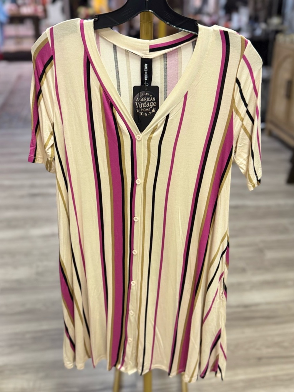 Agnes & Dora Cream,‎ Pink & Black Vertical Stripe Button Down Top